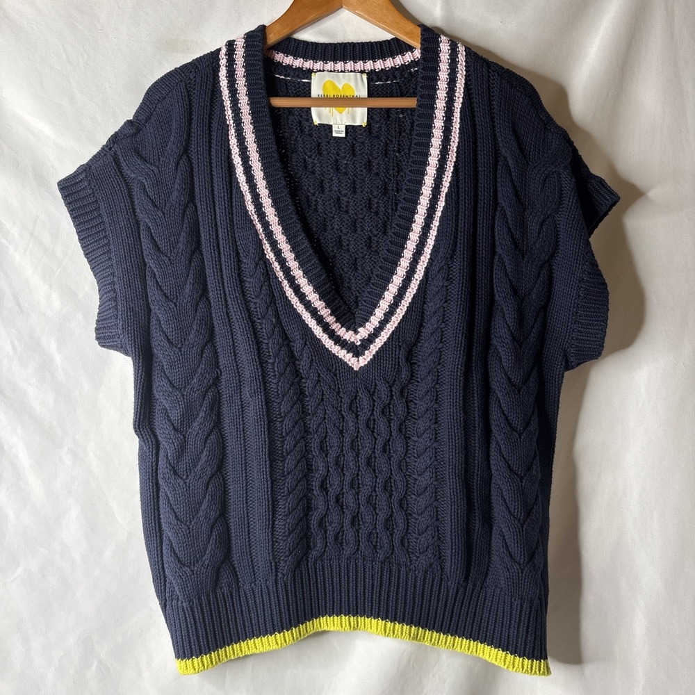 Kerri Rosenthal Ace Fisherman L Cable Knit Sweater Vest Varsity Preppy Navy Pink